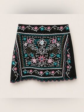 Mi Amore Size Small Olive Mini Skirt with Pink, Teal & White Floral Embroidery